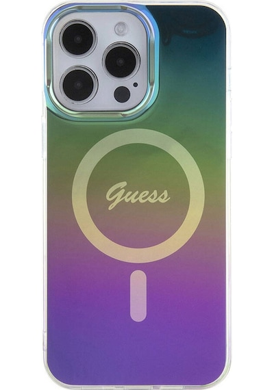 Apple Uyumlu iPhone 15 Pro Kılıf Guess Lisanslı Magsafe Şarj Özellikli Yazı Logo Iridescent Siyah