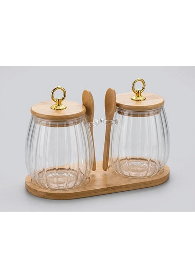 2'li Bambu Standlı Borosilikat Cam Halka Kapaklı Çizgili Kaşıklı Cam Kavanoz Mutfak Seti 650 Ml Dr57 Şeffaf