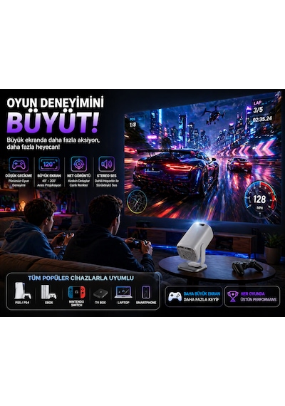 4k Destekli Android 13 Akıllı Projeksiyon Cihazı Wifi 6 Bluetooth 5.4 Full Hd Mini Projektör