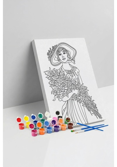 Çiçekli Kadın Desenli Mandala Tuval Boyama Seti 40x50 Cm