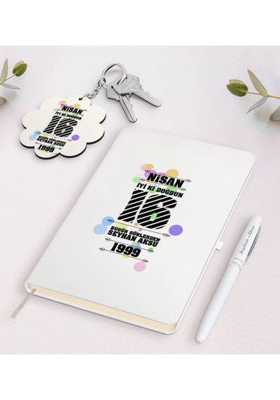 Kişiye Özel Tarihli İyi Ki Doğdun Beyaz Defter Kalem Ve Anahtarlı