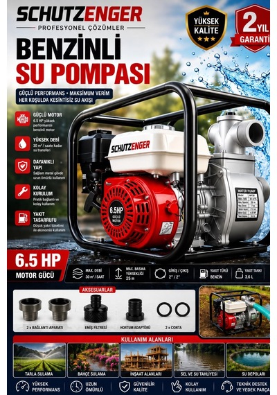 6.5 Hp 2 Inç Çıkışlı Benzinli Su Pompası 200 Mt Yatay Su Basar 4 Zamanlı Motor Turbo Güç Kırmızı