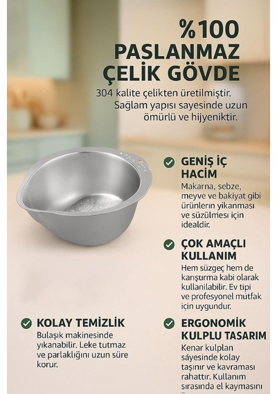 304 Çelik Mutfak Sebze Bakla Pirinç Yıkama Makarna Süzme Süzgeci Mt113
