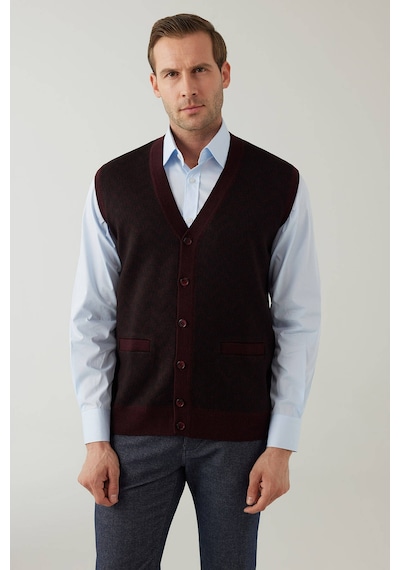 Erkek Koyu Bordo Regular Fit Desenli Yün Karışımlı Triko Yelek
