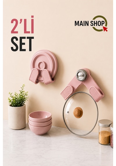 Mainshop 2 Adet Duvara Monte Tencere Kapağı Tutucu,delme Gerektirmez ,mutfak Tencere Kapağı Düzenleme M-56 Pembe