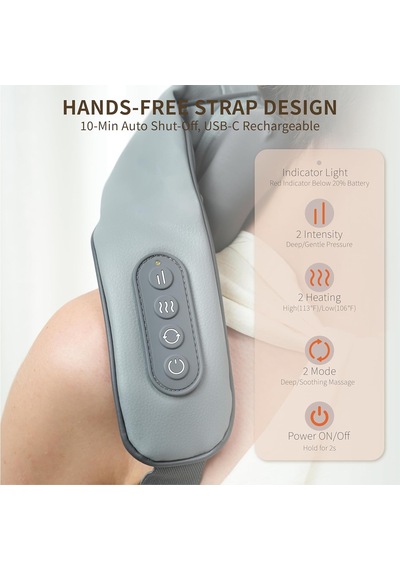Breo N5 Mini Boyun Ve Omuz Masaj Aleti, Evde Boyun Sırt Derin Boyun Masajı İçin Isı Shiatsu Masaj Yastığı Gri, Boyut1