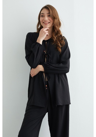 Fullamoda Fullamodest Önü Bağlamalı Ayrobin Kimono 2 Li Takım Siyah