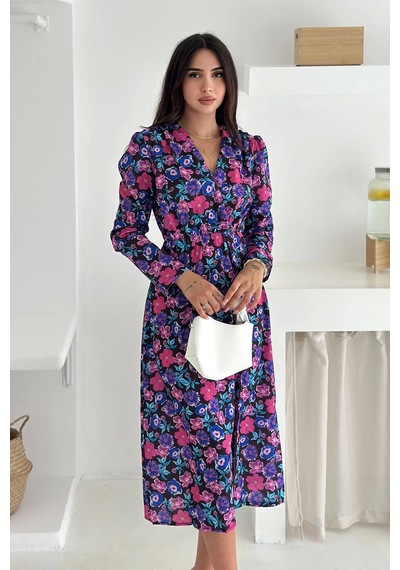 Asprin Fashion Çiçek Desenli Elbise Mor Mor