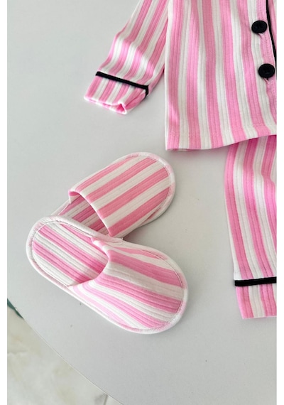 Minigimin Cicileri Çizgi Desenli Terlikli Kız Çocuk Pijama Takımı - Açık Pembe