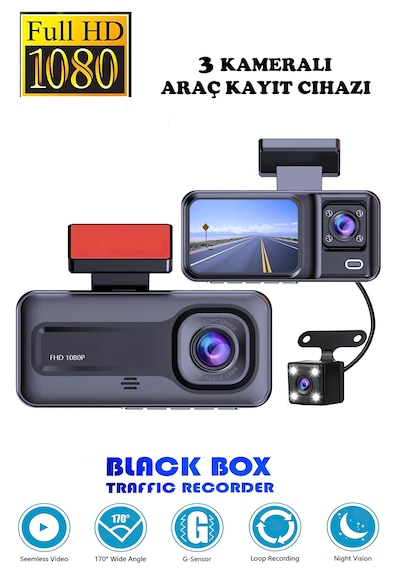 Araç İçi 3 Kameralı 1080p /2.0 İnç Lcd Ekranlı /gece Görüşlü