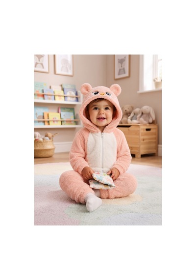 Chicsy Baby Tatlı Kız Bebek Welsoft Tulum Kuş Civciv Nakışlı Kulaklı Kapüşonlu Fermuarlı Peluş Kışlık Bebek Tulumu Somon
