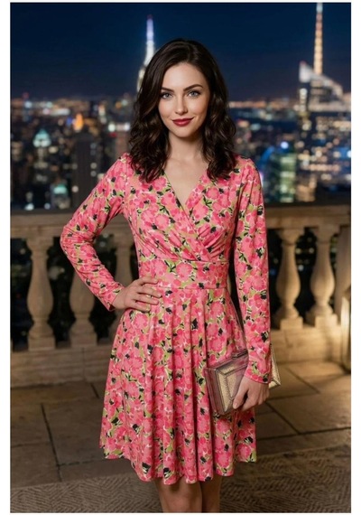 Khi-zai Kruvaze Mini Kollu Abiye Elbise Uzun Yaka Pembe