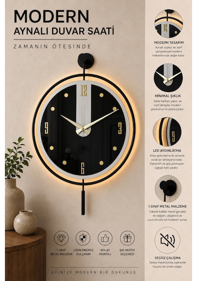 Pey Aksesuar Metal 40x60 Cm Camlı Duvar Saati Işıklı Gerçek Cam Duvar Saati Modern Tasarım Altın