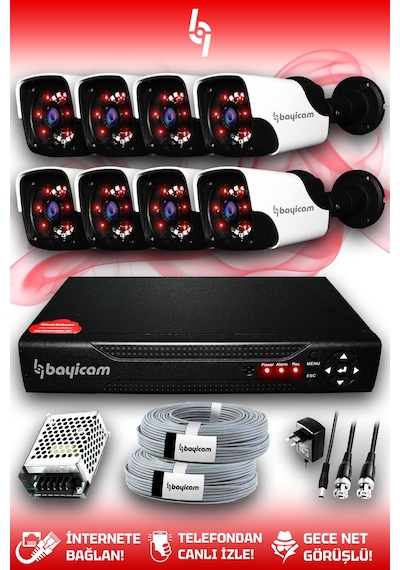 Bayicam 8 Kameralı Panda 8 Dış Kamera Set HDD'siz Full HD Gece Görüşlü Güvenlik Kamerası Sistemi