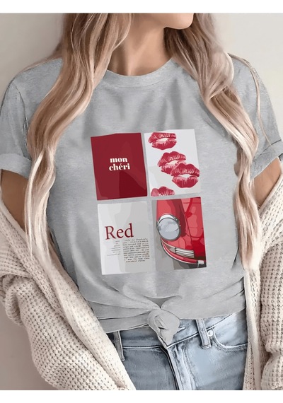 Uyguntarz Unisex Red Mon Cheri Baskılı Tasarım Tshirt Gri