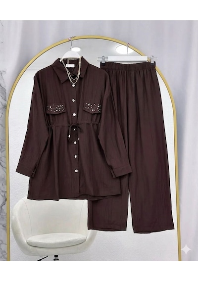 Lovie Moda Kapak Taşlı Jakar Pantolonlu İkili Takım Kahverengi