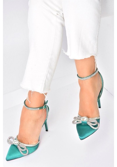 Fox Shoes Yeşil Saten Kumaş Taşlı Kadın Topuklu Ayakkabı K6540512