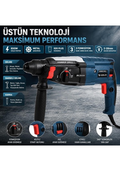 Tr 850w Sds Plus Kırıcı Delici Matkap Metal Şanzıman 2-28 Mm Delme Kapasitesi 3 Fonksiyonlu Darbeli Hilti B