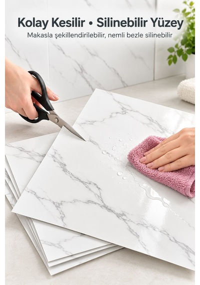 Kendinden Yapışkanlı Beyaz Mermer Desenli Duvar Paneli 30x30 Cm 6 Adet