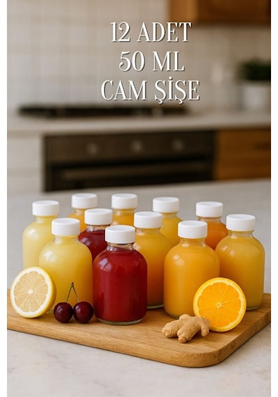 Rotanev 12 Adet Cam 50 ML Mini Shot Ginger Detox Şişe Plastik Sızdırmaz Kapaklı Kolonya Koku Süs Küçük Şişe