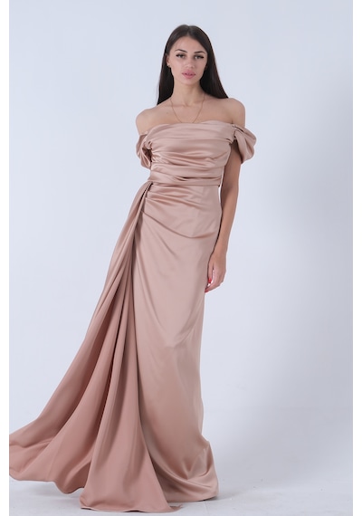 Feminist Bej Drape Detaylı Saten Kumaş Abiye Elbise 9704858.55