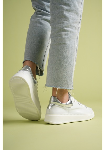 Analin Shoes Kadın Hakiki Deri Bağcıklı Casual Spor Ayakkabı Beyaz-gümüş