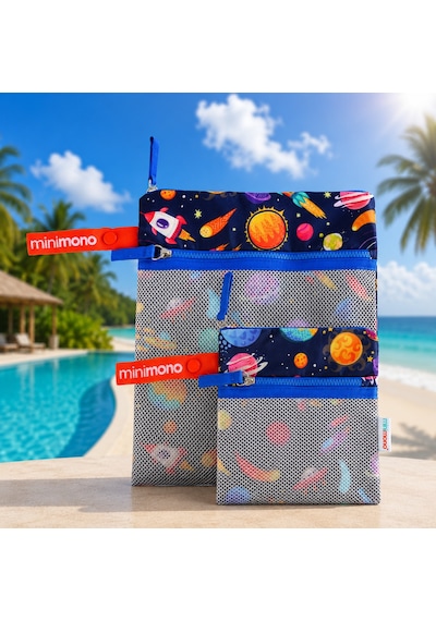 Minimono 2'li Islak & Kuru Çanta Seti Sıvı Geçirmez Pu İç Yüzey Büyük + Küçük Boy 2'li Set Uzay