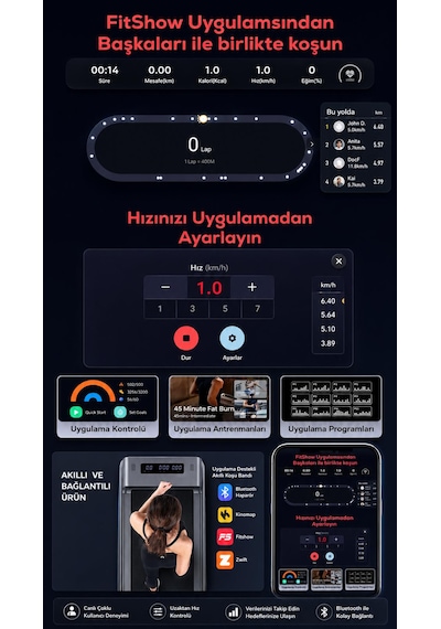 130kg Taşıma Kapasiteli Bluetoothlu Uygulamadan Ayarlanabilir Uzaktan Kumandalı Yürüme Ve Koşu Bandı Ev Ofis Yazlık Sağlıklı Yaşam Spor Gym Fitnnes
