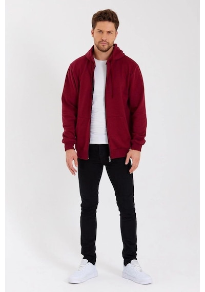 Barlashive Erkek 3 İplik Pamuklu Tam Fermuarlı Kapüşonlu Kanguru Cepli Düz Hoodie Sweatshirt - Bordo Çok Renkli