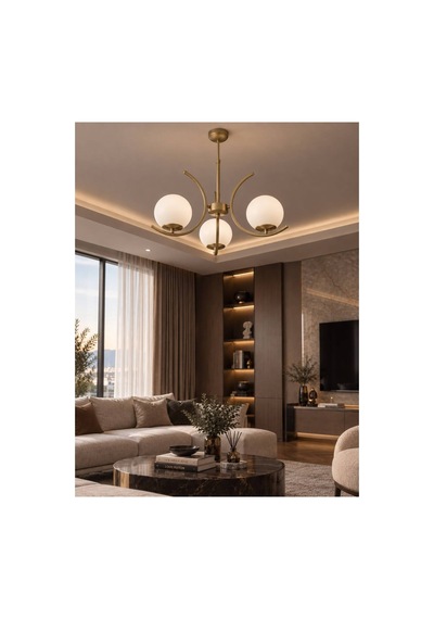 3'lü Beyaz Glob Camlı Eskitme Modern Sarkıt Avize Oturma Odası Salon Eskitme-beyaz Eskitme-beyaz