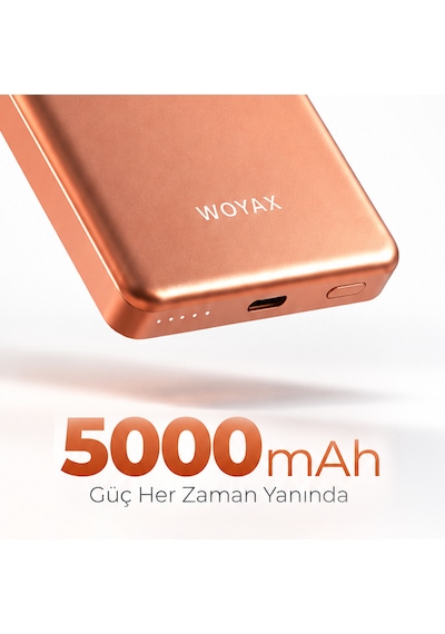 Woyax Magsafe Powerbank 5000mah Slim Hızlı Taşınabilir Batarya İphone 11 12 13 14 15 16 17 Pro Max Samsung Turuncu