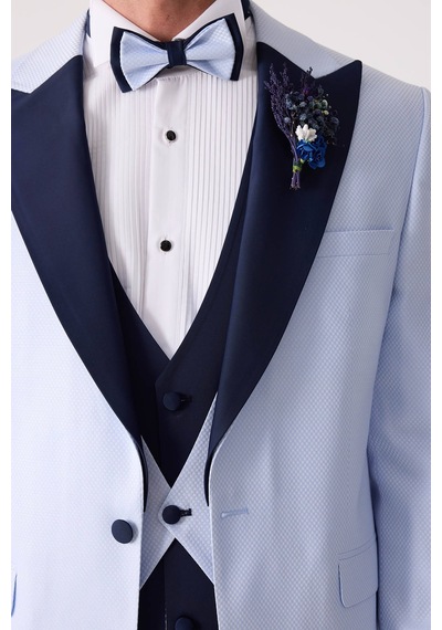Ysf Erkek Açık Mavi Yelekli Kırlangıç Yaka Slim Fit Damatlık