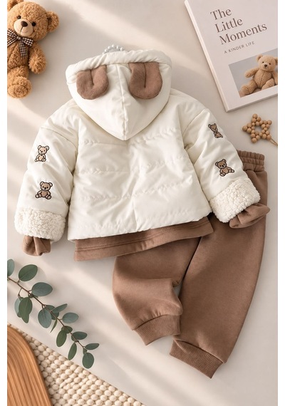 Minigimin Cicileri Ayıcık Nakışlı İçi Peluş Şişme Montlu Erkek Bebek 3 Lü Takım - Sütlü Kahve