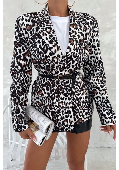 Femelle Kadın Leopar Desen Astarlı Blazer Ceket ekru