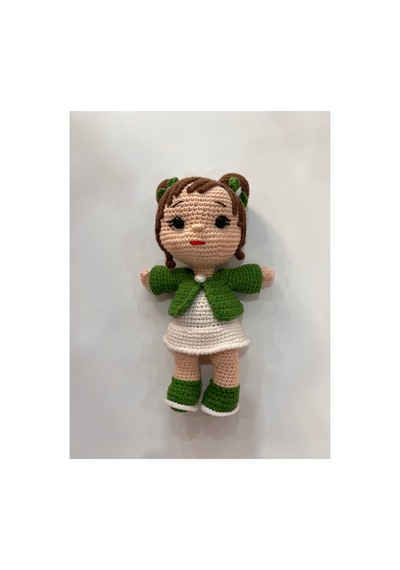 Afra Amigurumi El Örgüsü Bebek 20 Cm Tığ İşi Şirin Kıyafetli Hediyelik Oyuncak Bebek Yeşil-beyaz
