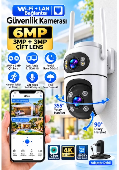 İcsee Dual Lens 6mp Wifi Akıllı Kamera , Yapay Zeka, Gece Görüş, Karşılıklı Konuşma