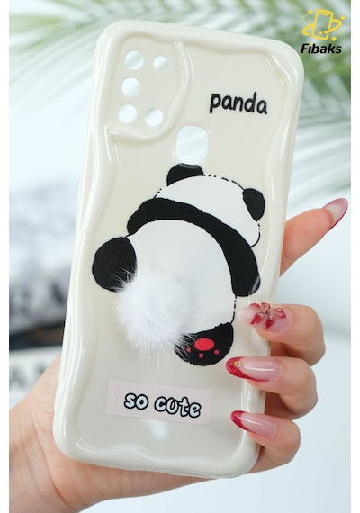 Fibaks Galaxy A21s Uyumlu Kılıf Tasarımlı Desenli Kamera Korumalı Panda Beyaz Püsküllü Silikon Kapak