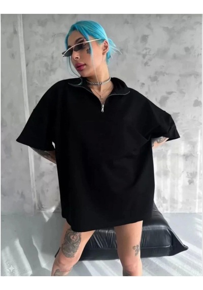 Wear Vexel Kadın Yarım Fermuarlı Tişört Düz Oversize T-shirt - Siyah Siyah