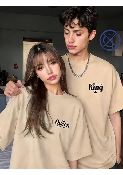 Nevermind King Queen Sevgili Tişört Kombini Unisex Çift Tişört Seti %100 Pa Bej