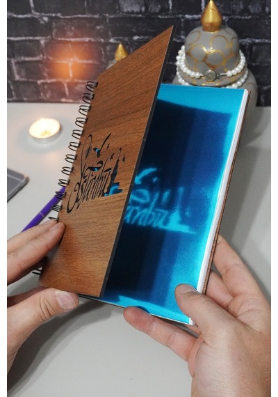 Istanbul Desenli Ahşap Kapaklı Defter - Notebook Defter Düz - Çizgisiz Defter Ahşap Rengi Ceviz