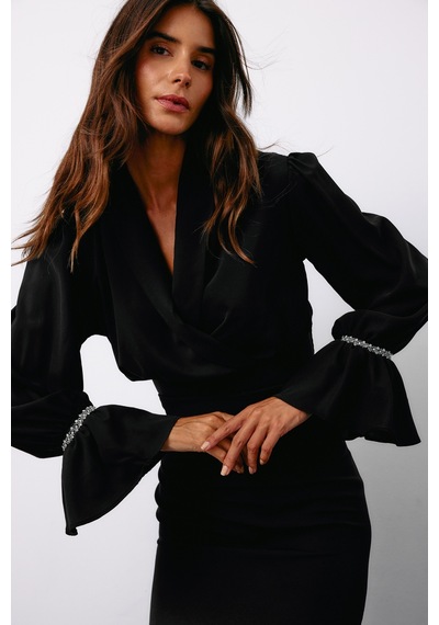 Sateen Aksesuar Detaylı Bluz - Siyah-135126 Siyah