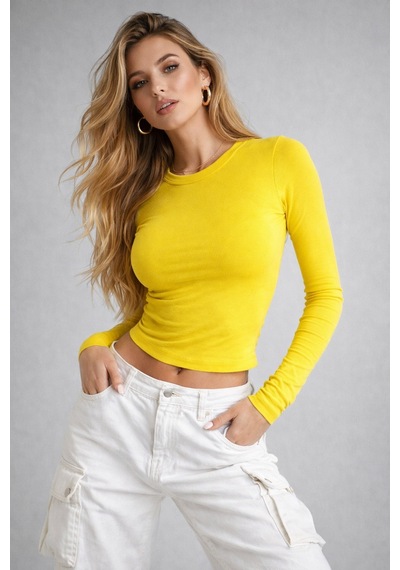Wild Bee Kadın Sarı Bisiklet Yaka Uzun Kollu Basic Bluz