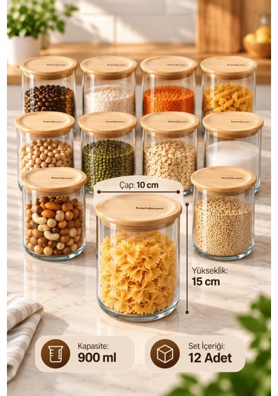 Bambum Duo 12'li Bambu Kapaklı Cam Erzak Kavanozu Seti 900 Ml - Vakumlu Kiler Bakliyat Ve Baharat Saklama Kabı Ahşap - Şeffaf