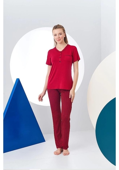 Pjs 24157 Kadın Çizgili Patlı Kısa Kol Pijama Takım 001