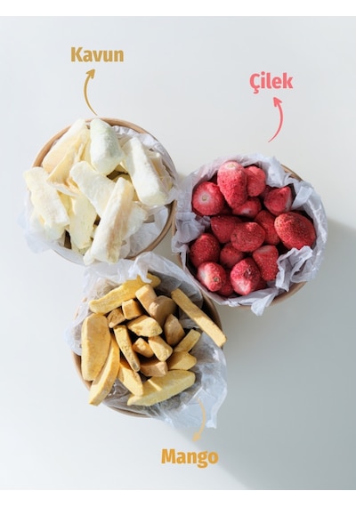Freeze Dried Meyve Cipsi Paketi 3'lü Set - Dondurularak Kurutulmuş Kavun Çilek Mango 65 G