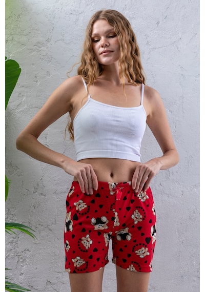 Giysa Kadın Beli Lastikli Desenli Şort Pijama Altı Kırmızı - 2027 Kırmızı