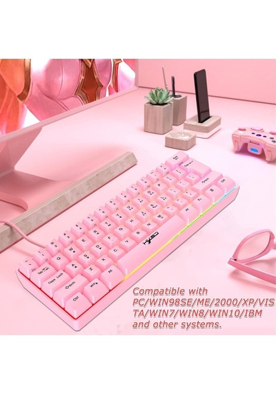 Q60 Blue Switch Mini Rgb Oyun Klavyesi Gaming Mekanik 62 Tuşlu 18 Rgb Led Usb Tip-c Kablosu Pembe1