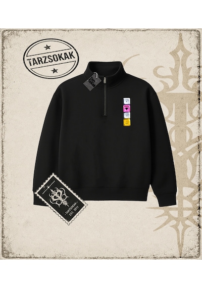 Tarzsokak Gotik & Grunge Streetwear Keycap 6 Yarım Fermuarlı Sweatshirt Siyah