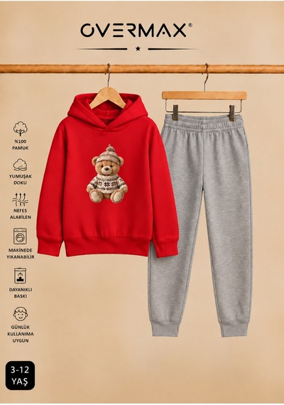 Overmax Teddy Bear Baskılı Çocuk Kapüşonlu Sweatshirt Eşofman Takımı 3-12 Yaş Kırmızı Üst-gri Alt - 924458985 Kırmızı Üst-gri Alt