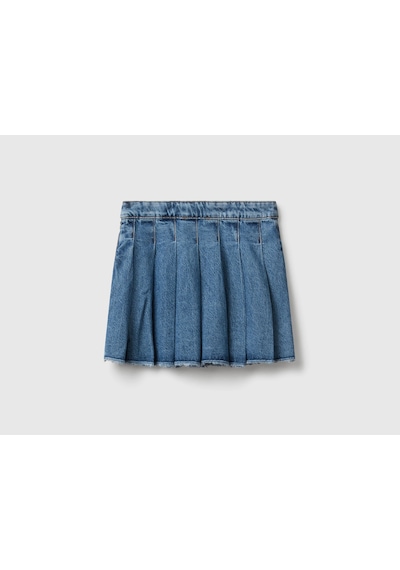 Benetton Kız Çocuk Pileli Yanı Fermuarlı Diz Üstü Denim Etek Mavi